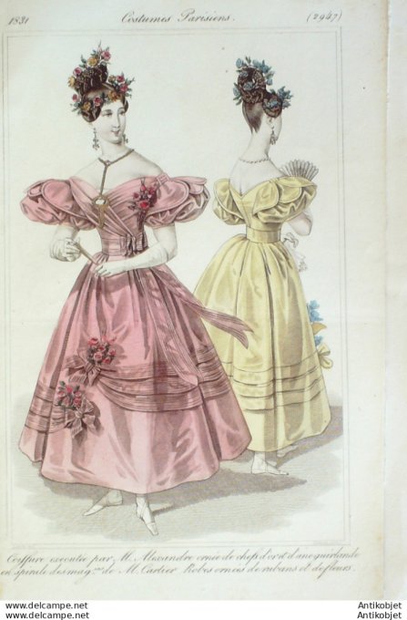 Gravure de mode Costume Parisien 1831 n°2947 Robes ornées de rubans et fleurs