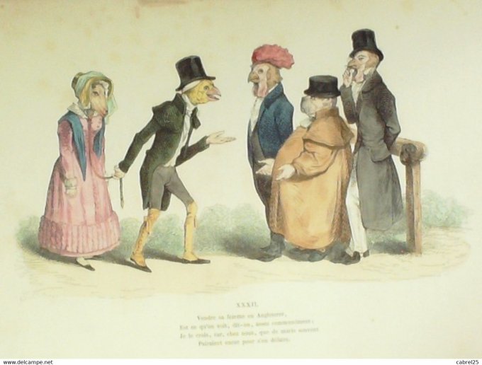 Grandville "Les Métamorphoses du jour" XXXII Poule Cocq Mouton Chien 1847