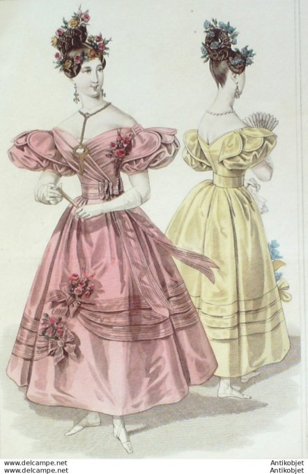 Gravure de mode Costume Parisien 1831 n°2947 Robes ornées de rubans et fleurs