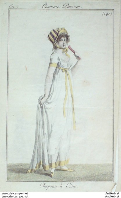 Gravure de mode Costume Parisien 1799 n° 141 (An 7) Chapeau à côtes