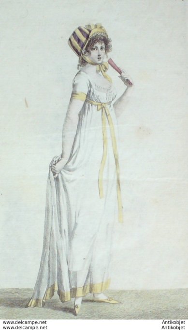 Gravure de mode Costume Parisien 1799 n° 141 (An 7) Chapeau à côtes