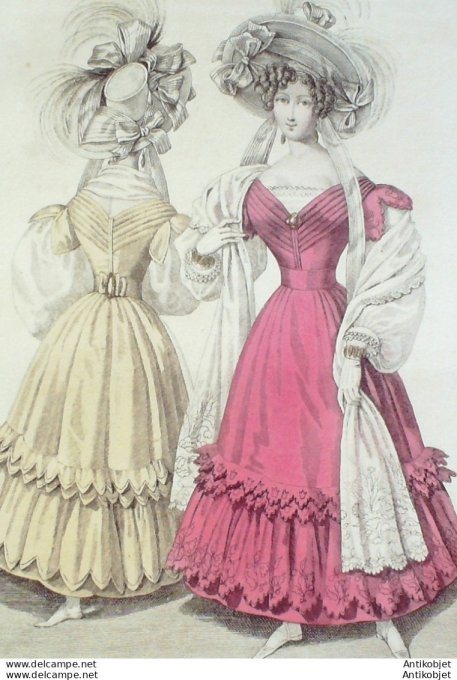 Gravure de mode Costume Parisien 1829 n°2710 Robe de Barèges volants brodés soie