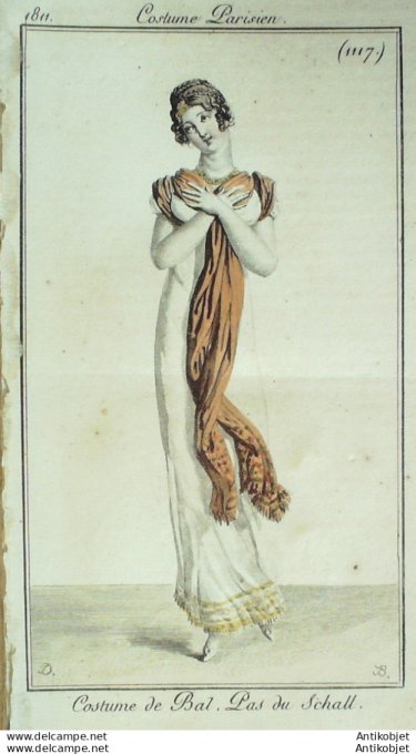Gravure de mode Costume Parisien 1811 n°1117 Costume de bal Pas du Schall