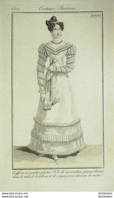 Gravure de mode Costume Parisien 1821 n°1991 Robe mousseline et entre deux
