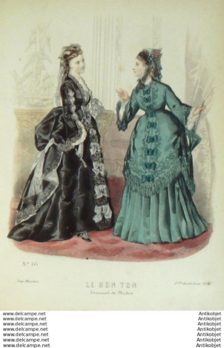 Gravure Mode Le Bon Ton 1872 # 16 (aquarelle old fashion plate)