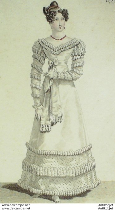 Gravure de mode Costume Parisien 1821 n°1991 Robe mousseline et entre deux