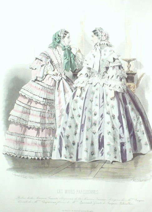 Gravure Les Modes Parisiennes 1852 # 703 Robes en gros de Naples  Maison Fauvet