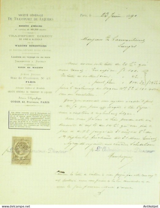 Facture Sté Gale Transport de liquides 1890 Paris 9 - 2