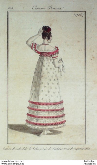 Gravure de mode Costume Parisien 1818 n°1708 Canezou de satin   robe de tulle