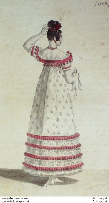 Gravure de mode Costume Parisien 1818 n°1708 Canezou de satin   robe de tulle