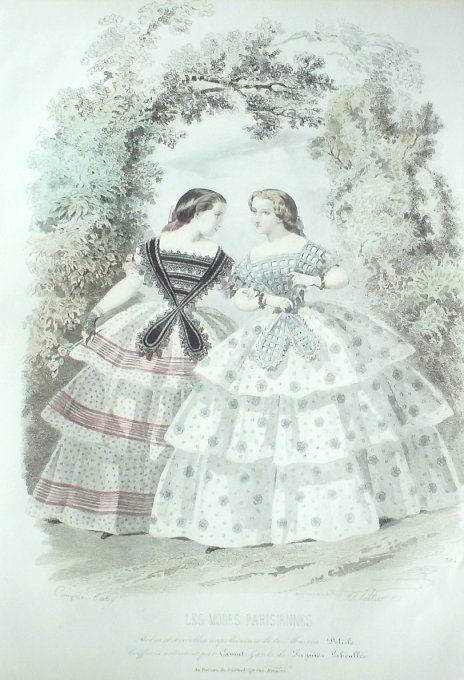 Gravure Les Modes Parisiennes 1852 # 704 Robes en bretelles Maison Delisle