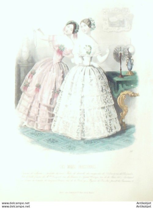 Gravure Les Modes Parisiennes 1846 # 158 Robe de Mariée Maison Duguet