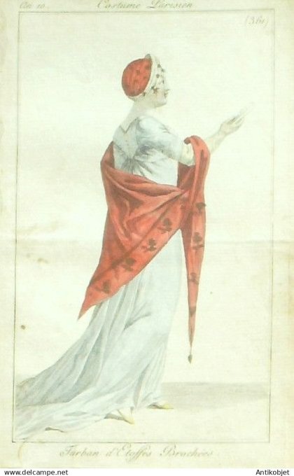 Costume Parisien 1802 an 10 # 361 (eau forte) Turban d'étoffes brochées