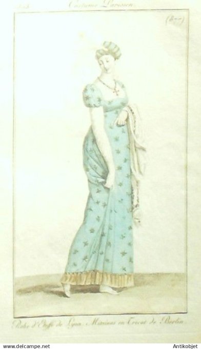 Costume Parisien 1808 # 877 (eau forte) Robe d'étoffe de Lyon