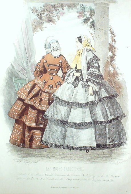 Gravure Les Modes Parisiennes 1852 # 705 Robes en gros de Naples  Maison Fauvet