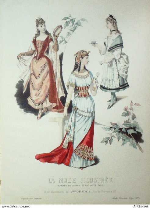 Gravure de mode La Mode illustrée 1890 n°05 Travestissements (Maison Gradoz)
