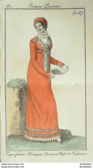 Gravure de mode Costume Parisien 1811 n°1118 Redingote garnie de Cachemire