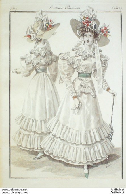 Gravure de mode Costume Parisien 1827 n°2512 Robes d'Organdi Fichu