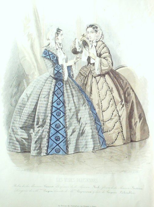 Gravure Les Modes Parisiennes 1852 # 706 Robes satin Maison Fauvet