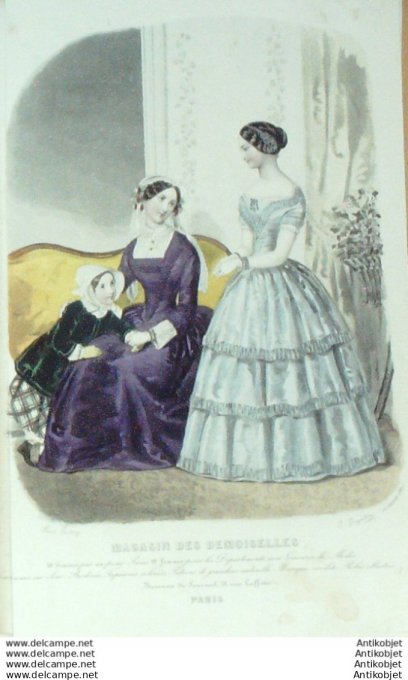 Gravure Mode Magasin Demoiselles 1850 #  1 (aquarellee Old Fashion plate)