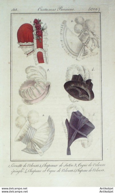 Costume Parisien 1818 # 1709 Cornettes chapeaux toques