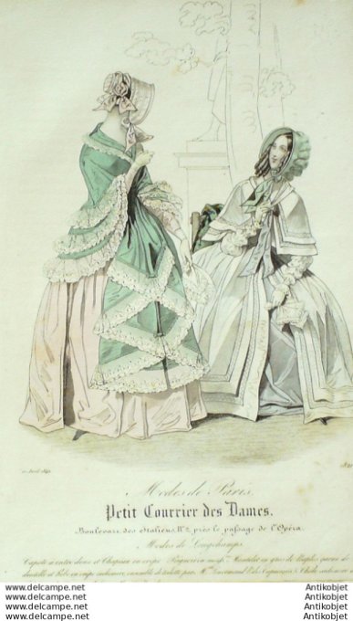 Gravure Mode Courrier des Dames 1842 # 1821 (eau forte old Fashion plate)