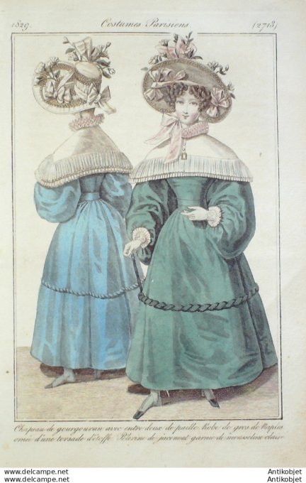 Gravure de mode Costume Parisien 1829 n°2713 Robe gros de Naples Pélerine de Jaconnat