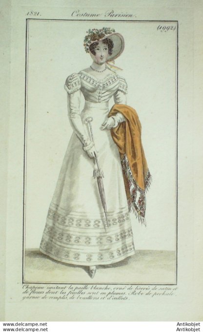 Gravure de mode Costume Parisien 1821 n°1992 Robe perkale garnie de remplis