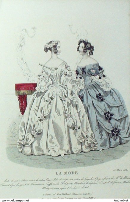 Gravure La mode 1840 n°11 Robes de satin et crêpe ornée de satin