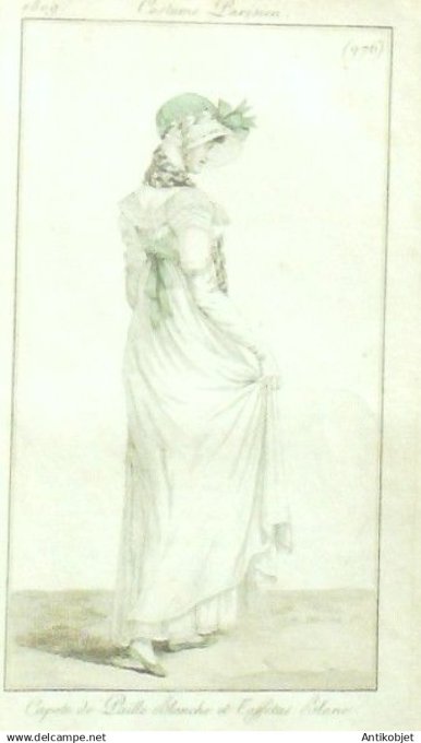 Costume Parisien 1809 # 976 (eau forte) Capote de paille & taffetas