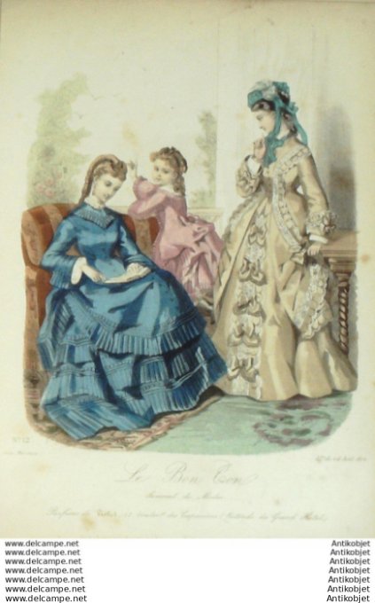 Gravure Mode Le Bon Ton 1872 # 12 (aquarelle old fashion plate)