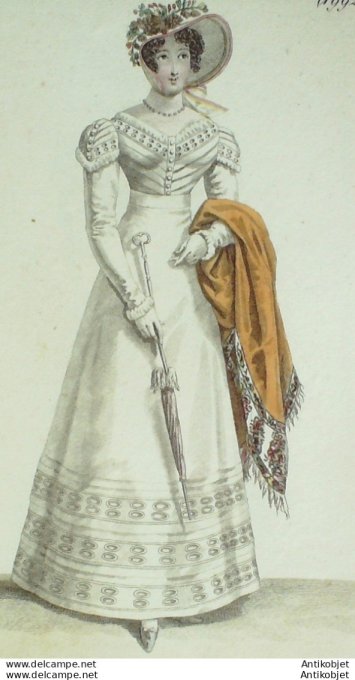 Gravure de mode Costume Parisien 1821 n°1992 Robe perkale garnie de remplis