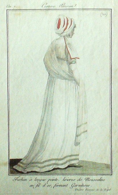 Gravure Mode Costume Parisien 1798 an  7 #  70 (eau forte old Fashion plate