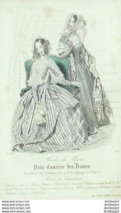 Gravure Mode Courrier des Dames 1842 # 1820 (eau forte old Fashion plate)