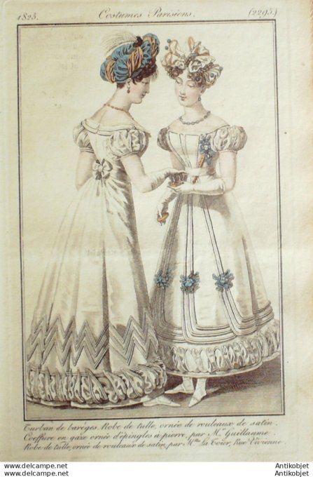 Gravure de mode Costume Parisien 1825 n°2295 Robes de Tulle ornées de satin  turban