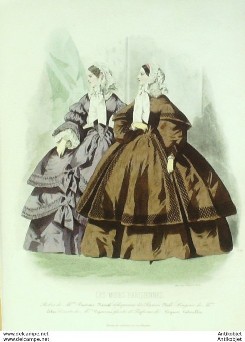 Gravure Les Modes Parisiennes 1858 # 779 Robes en gros de Naples Maison Rascal