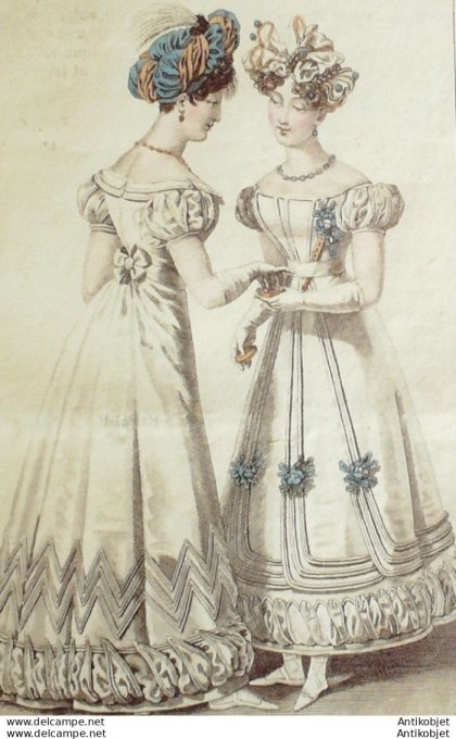 Gravure de mode Costume Parisien 1825 n°2295 Robes de Tulle ornées de satin  turban