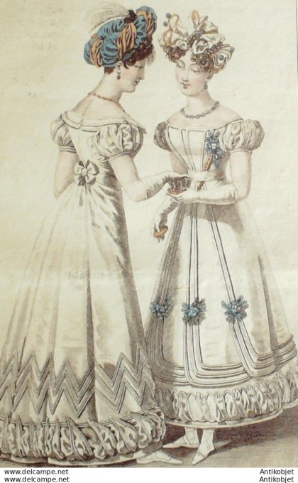 Costume Parisien 1825 # 2295 Robes de Tulle ornées de satin  turban
