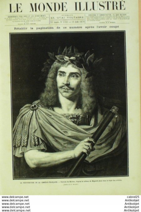 Le Monde illustré 1879 n°1168 Comedie Francaise Molière Societaires Emile Perrin Chabrol Mazerolle