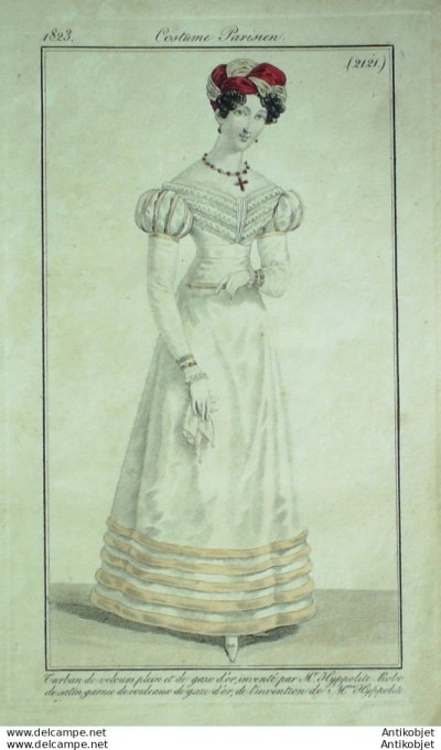 Gravure de mode Costume Parisien 1823 n°2121 Robe de satin garnie de rouleaux