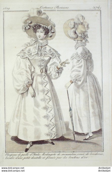 Gravure de mode Costume Parisien 1829 n°2714 Redingote mousseline broderies  boutons d'or