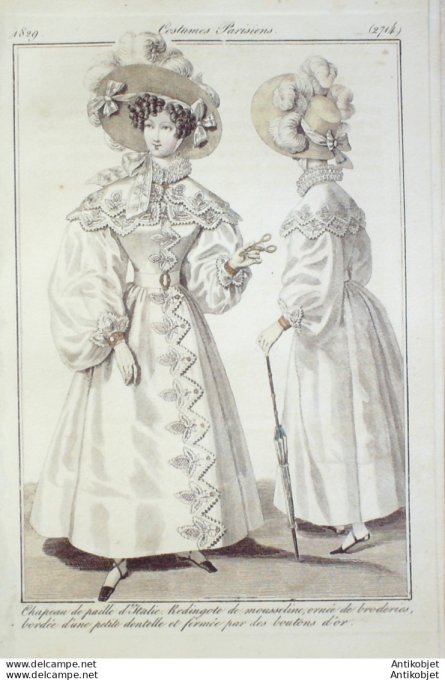Costume Parisien 1829 # 2714 Redingote mousseline broderies  boutons d'or