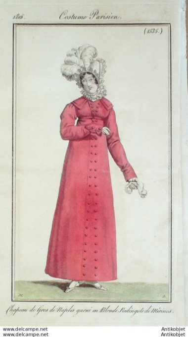 Gravure de mode Costume Parisien 1816 n°1535 Redingote de mérinos