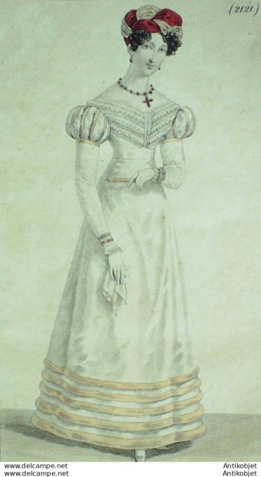 Gravure de mode Costume Parisien 1823 n°2121 Robe de satin garnie de rouleaux