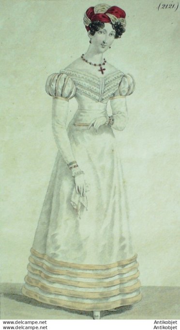 Costume Parisien 1823 # 2121 Robe de satin garnie de rouleaux