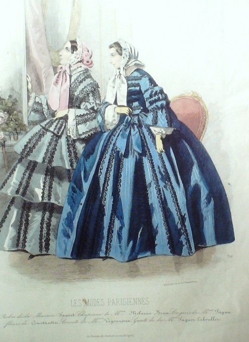 Gravure Les Modes Parisiennes 1853 # 711 Robes de satin Maison Fauvet