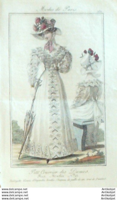 Gravure Mode Courrier des Dames 1824 #  232 (eau forte old Fashion plate)