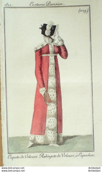 Gravure de mode Costume Parisien 1811 n°1119 Redingote à capuchon