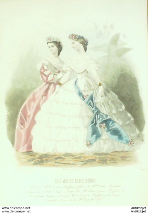Gravure Les Modes Parisiennes 1862 # 987 Robes de Cour Maison Leriche