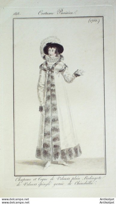 Gravure de mode Costume Parisien 1818 n°1710 Spencer de crépon garni de satin